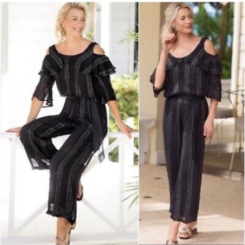 New Soft Surroundings Avedon Crepe Glitter Stripe Belted Wide Leg Crop Jumpsuit